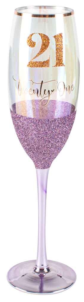 21 Twenty One Rose Gold Purple Glitter Champagne Glass