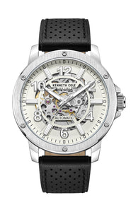 Kenneth Cole Automatic Watch-Silver Skeleton Case-Black Leather Band