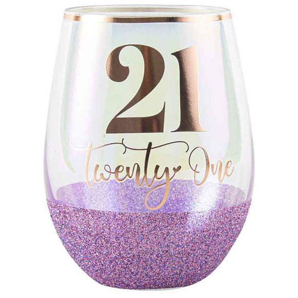 21 Twenty One Rose Gold Purple Glitter Stemless Wine Glass