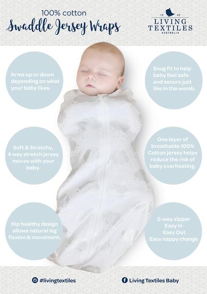 The Living Textiles luxuriously soft 100% cotton jersey swaddles make swaddling a breeze. Featuring a hip healthy design and 2-way zip so you can change baby without waking them. Swaddling can be a great way to keep baby from being disturbed by their own startle reflex and make them feel warm and secure as if they were cocooned in the womb. 