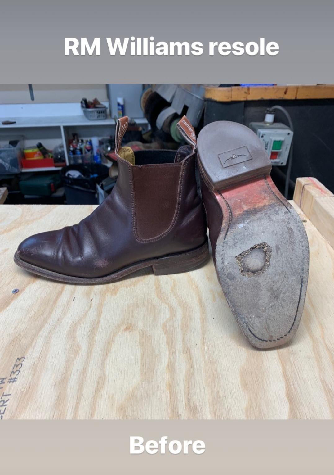 RM Williams half resole and new heel replacement in leather - stitched